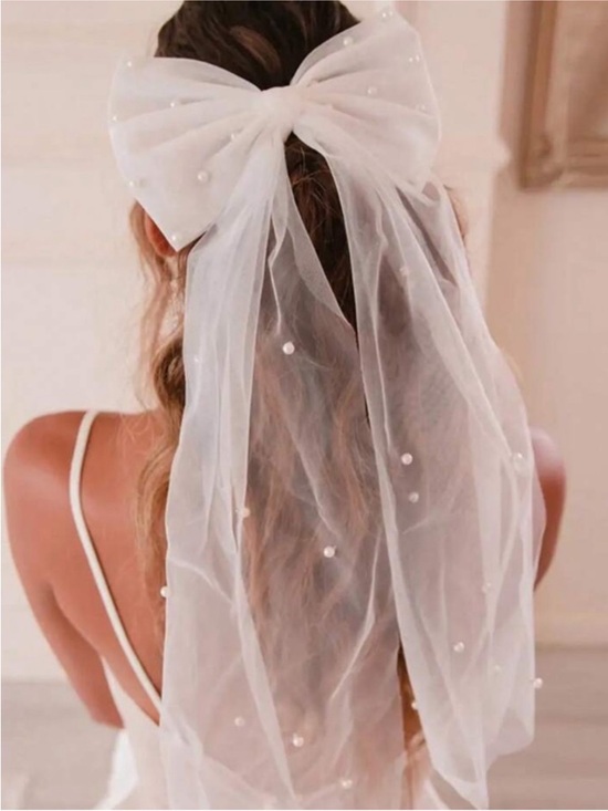 Anthropologie Accessories - Trending! Pearl White Mess Bow Veil Bridal Statement Hair Clip